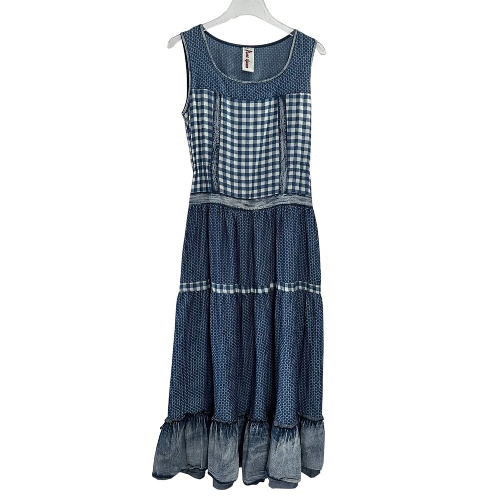Keer Qiaowa Patchwork Gingham Dress Women Large Blue Artsy Peasant Boho‎ Hippie